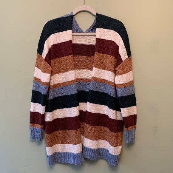 American Eagle Cardigan Womens M Brown Burgundy Striped Open Front Knit Western - Picture 1 of 8